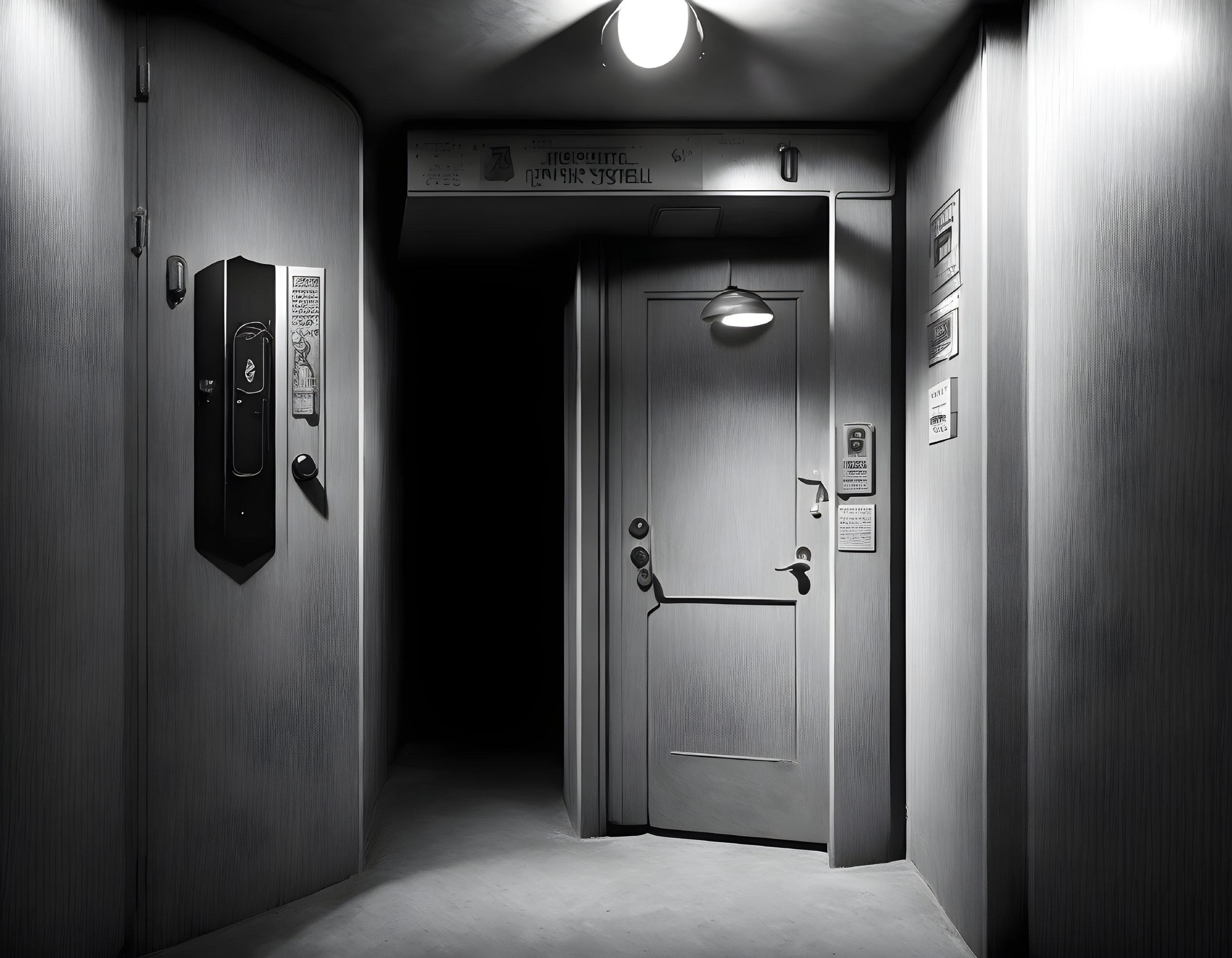 Monochrome image of dimly lit hallway with open elevator door and hanging light.