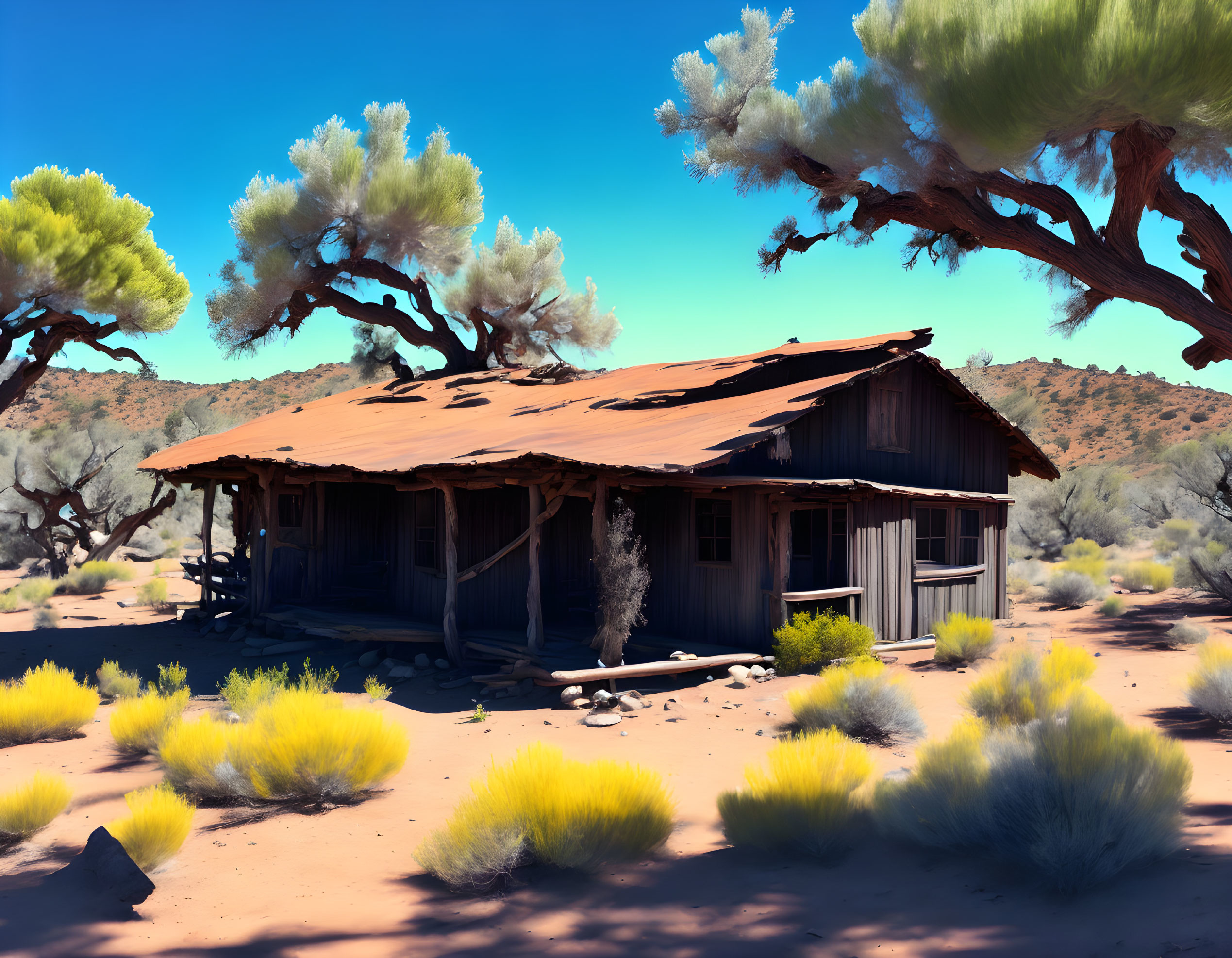 Rustic wooden cabin in desert landscape with vibrant foliage