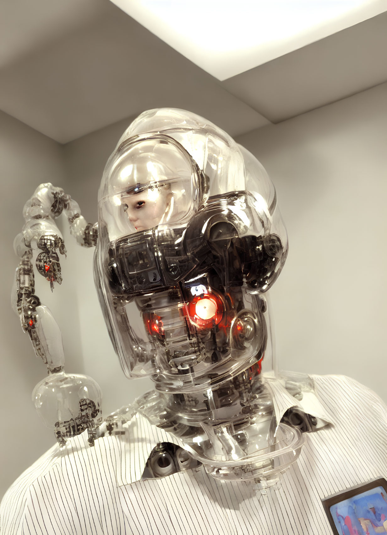 Transparent Human Head Sculpture with Robotic Components and Lights on White Pedestal