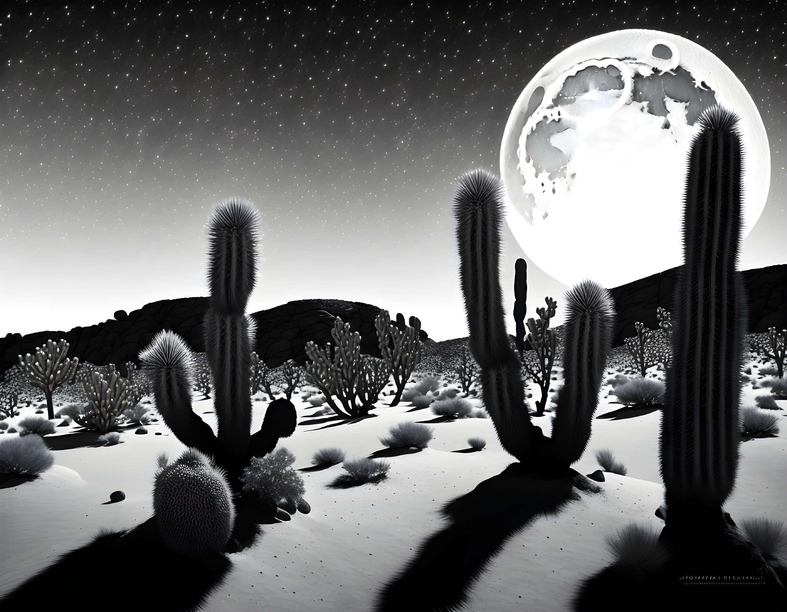 Desert Cacti Silhouettes Under Moonlit Sky