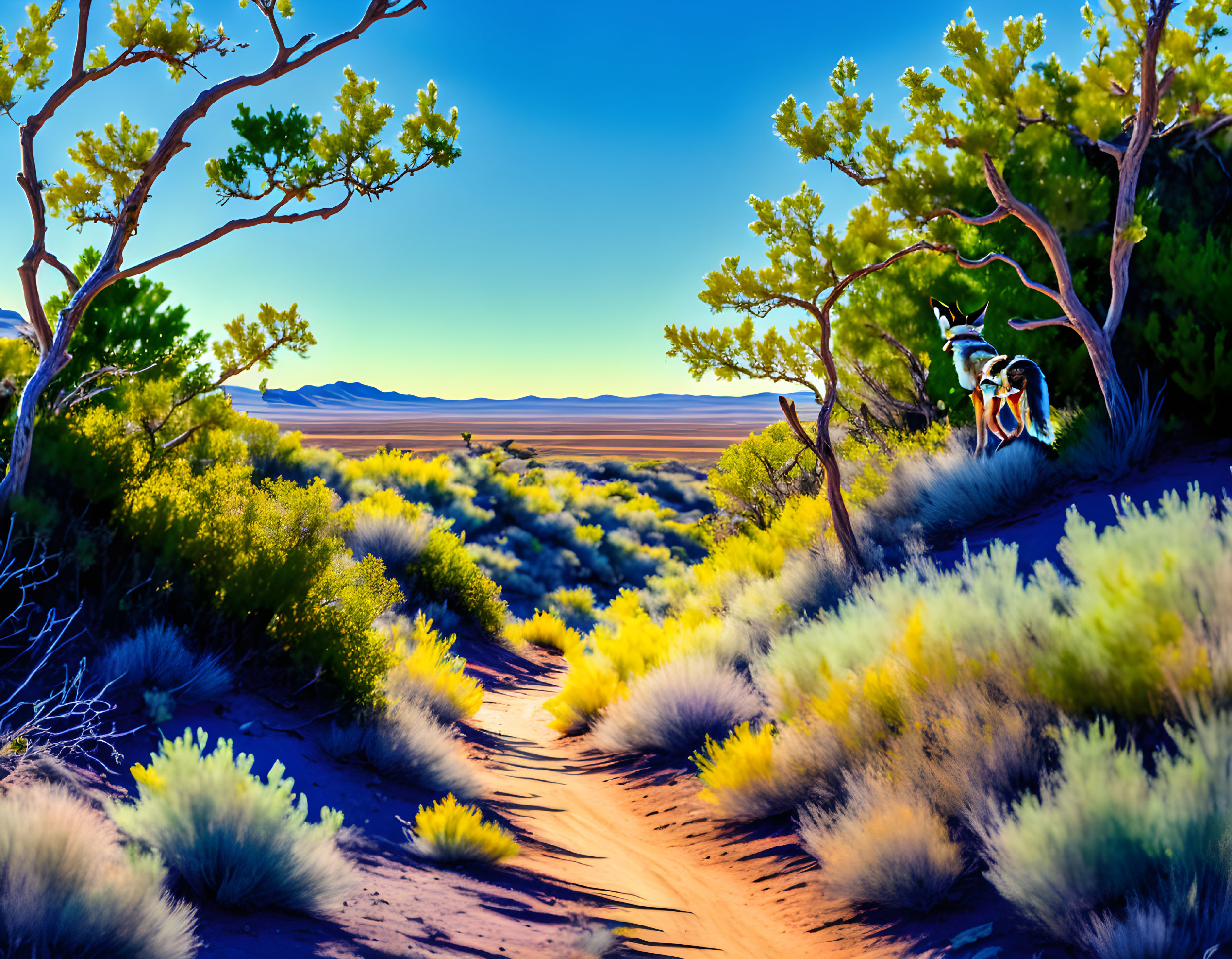 Desert Path Illustration with Green Bushes and Mountains