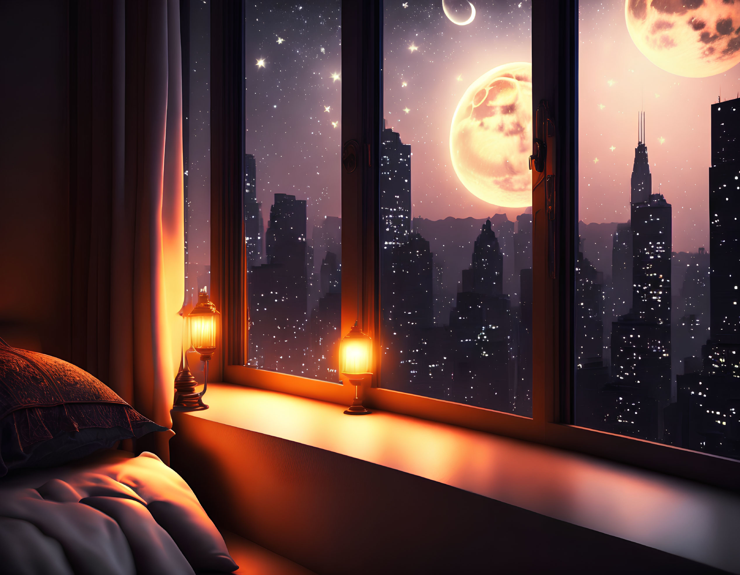 Nighttime city skyline view from cozy room with glowing lamps, starry sky, moon, and planets