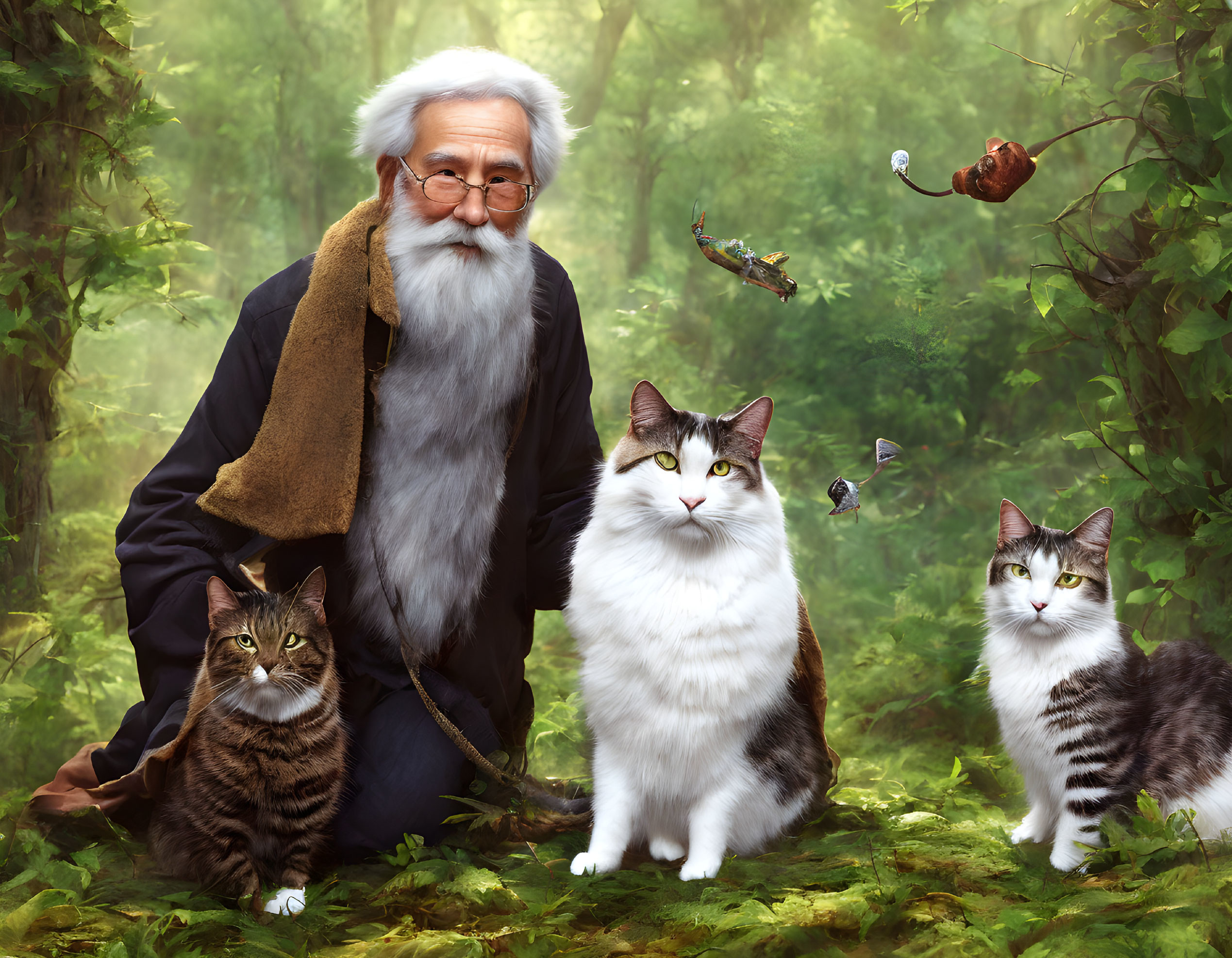 Elderly man with white beard, cats, and floating objects in mystical forest