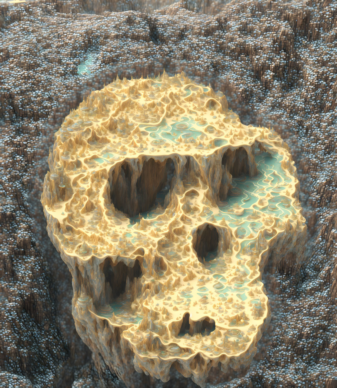 Skull-shaped landform with glowing edges and water-filled cavities