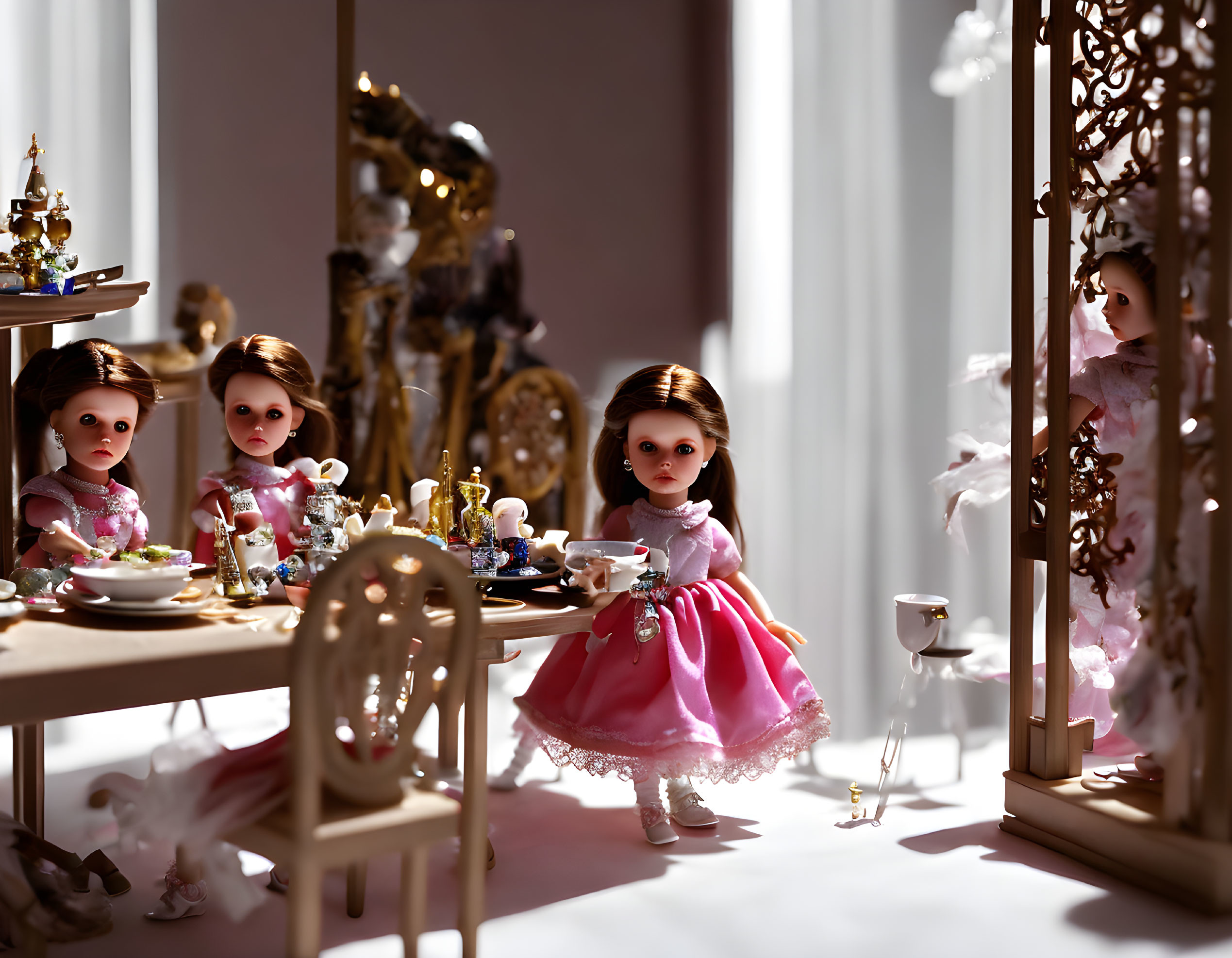 Pink Gown Doll Tea Party with Tiny Dishes in Decorated Room