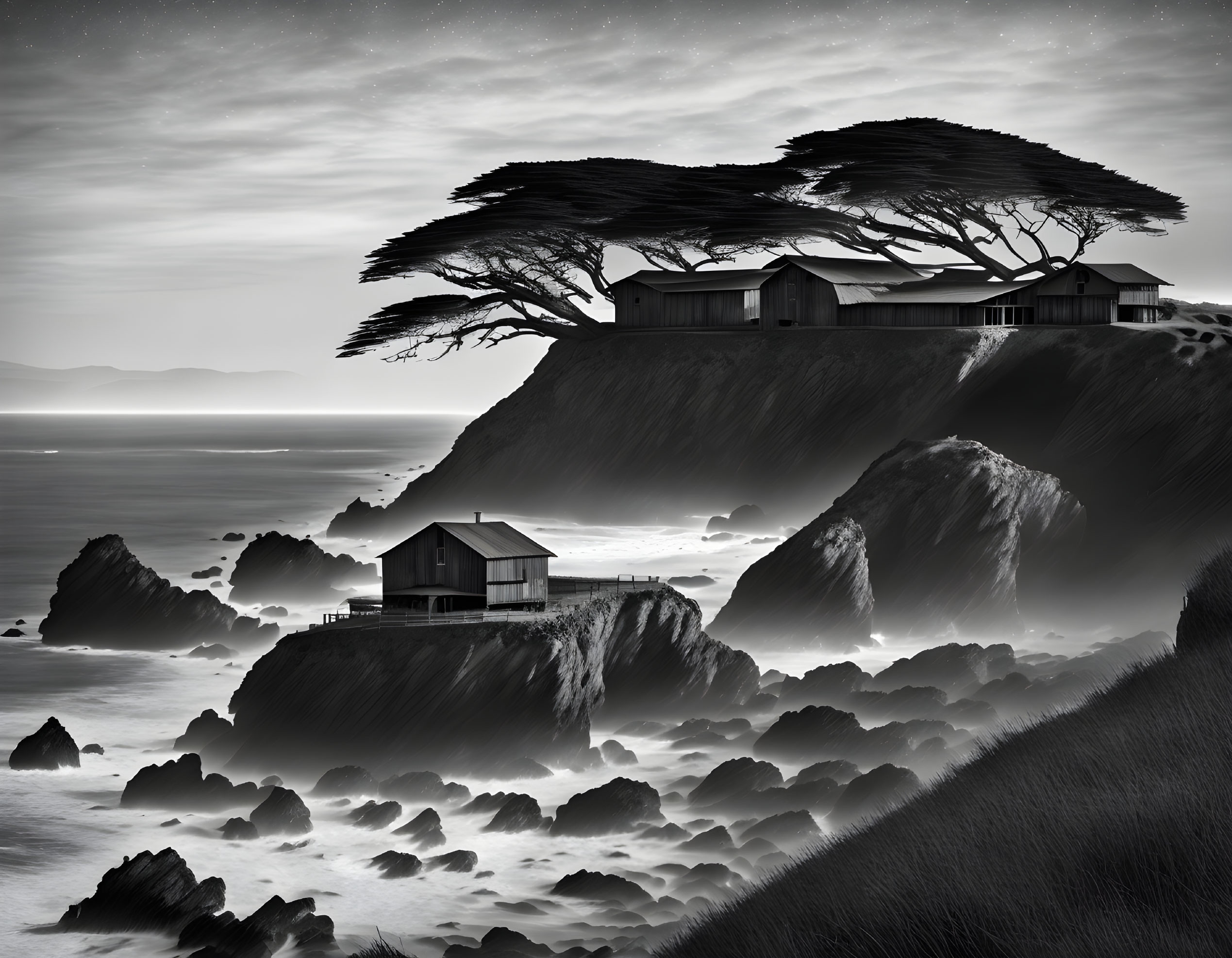 Monochrome cliffside landscape with ocean, rocks, houses, and windswept tree