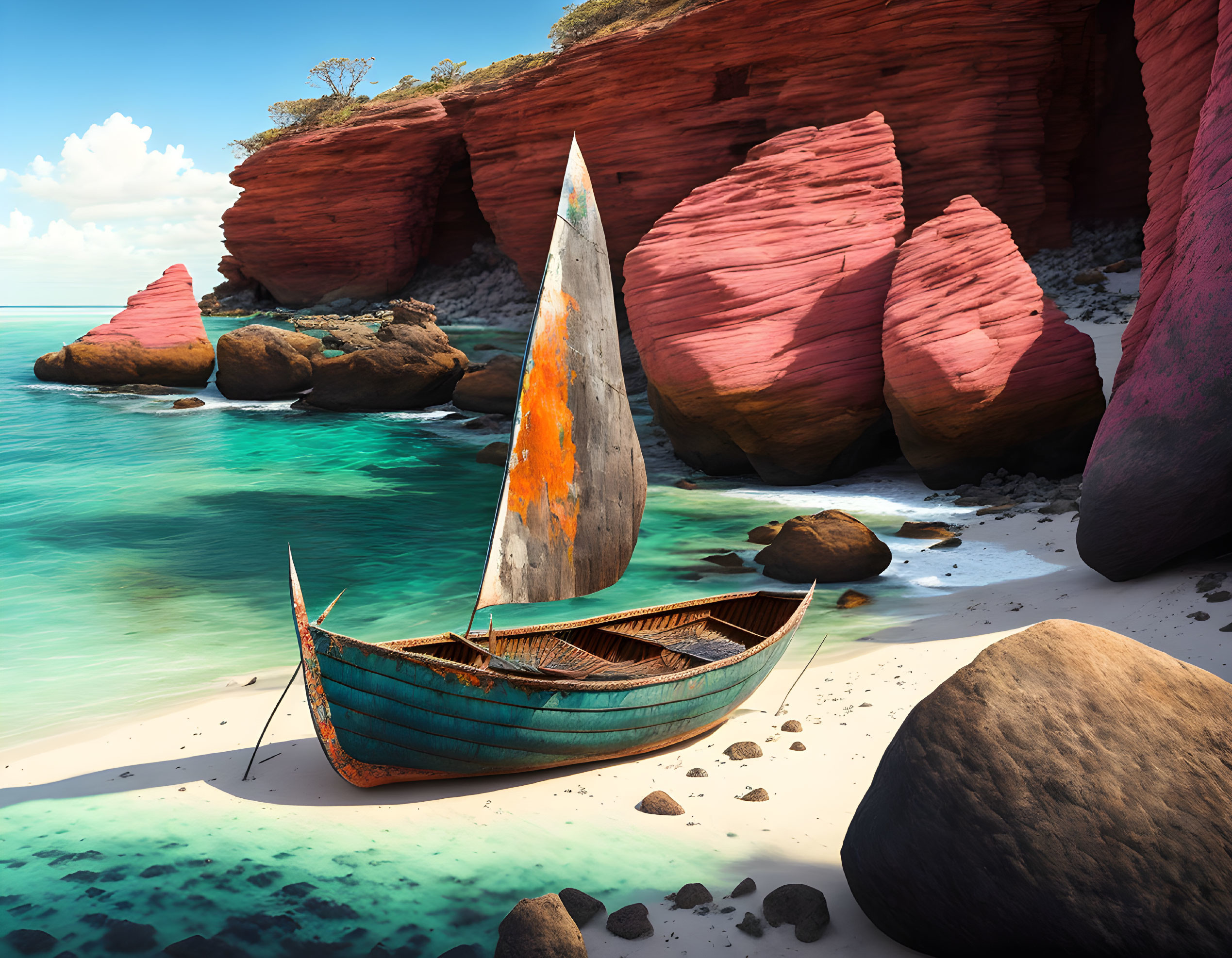 Turquoise Boat with White Sail on Sandy Shore Surrounded by Red Cliffs