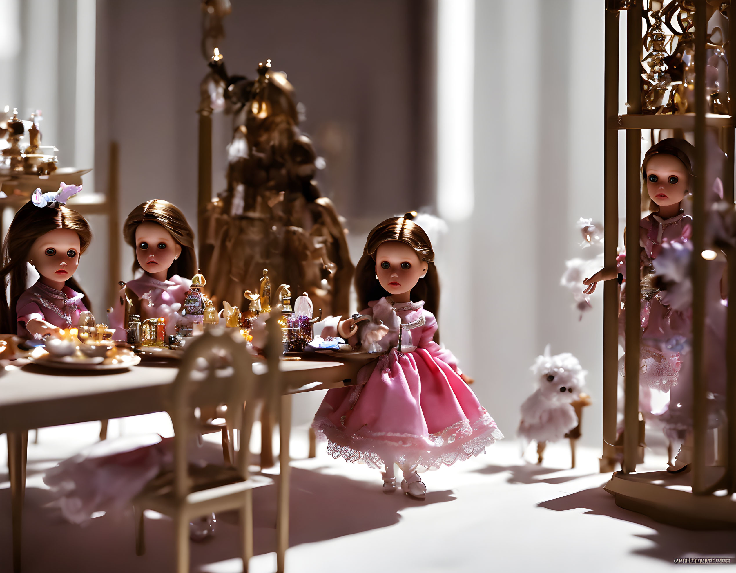 Four elegant dolls having a tea party in softly lit room