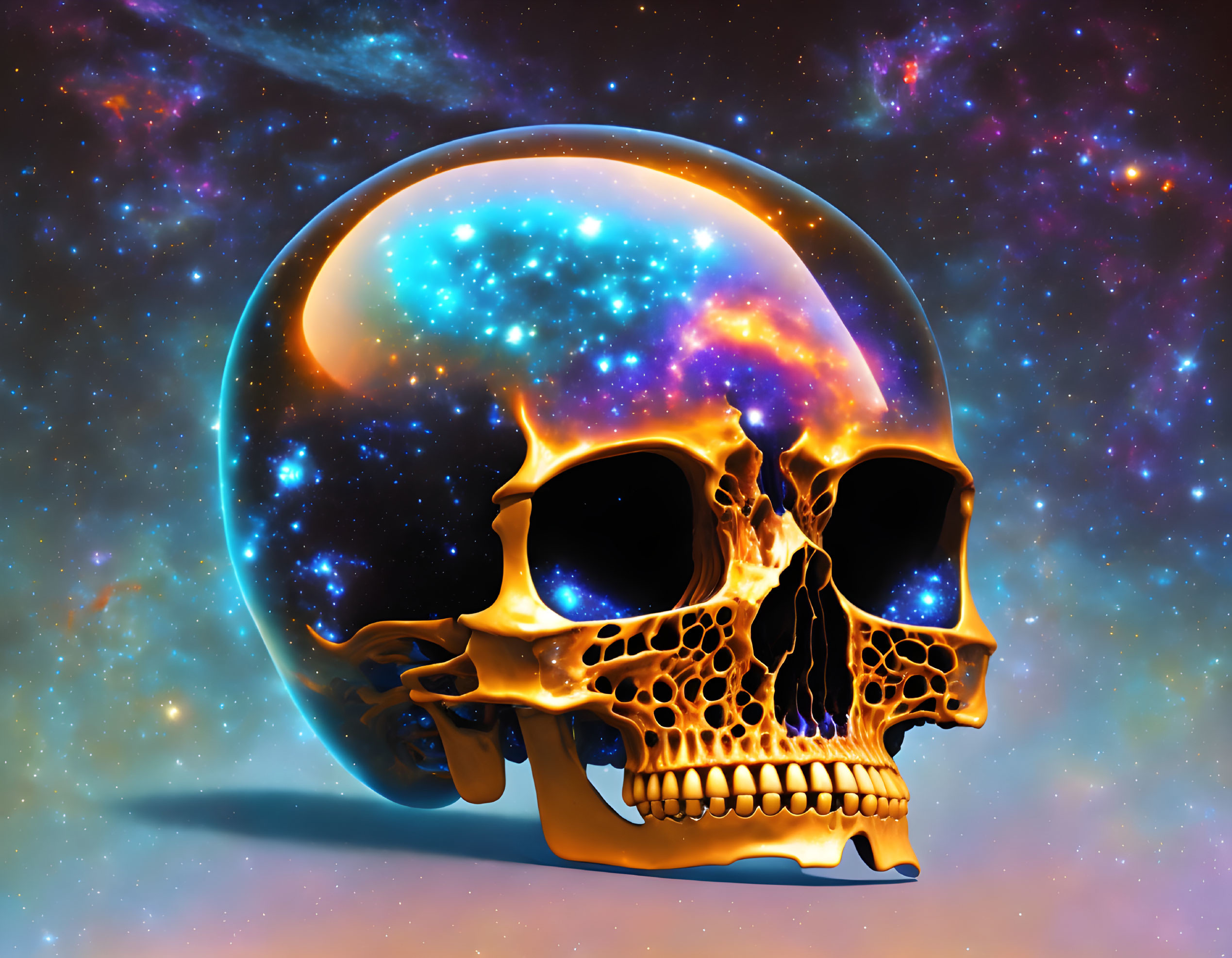 Golden skull in cosmic setting with vibrant galaxies and nebulae