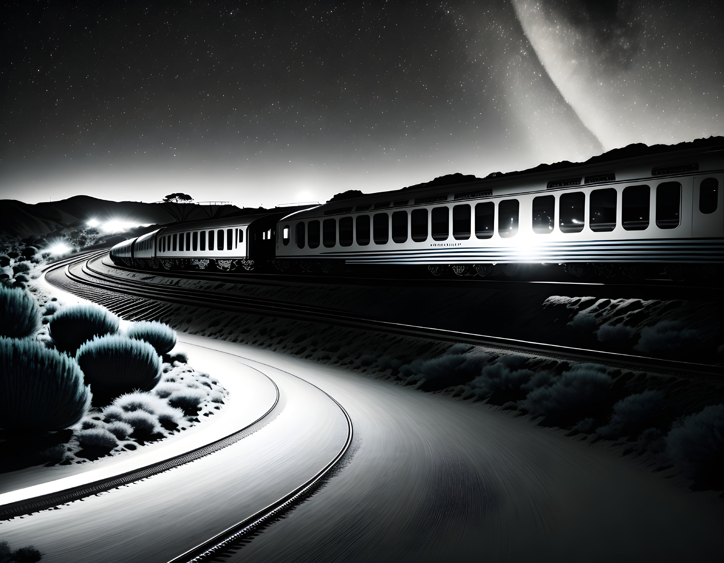 Night Train Journey: Curved Tracks, Starry Sky, Milky Way