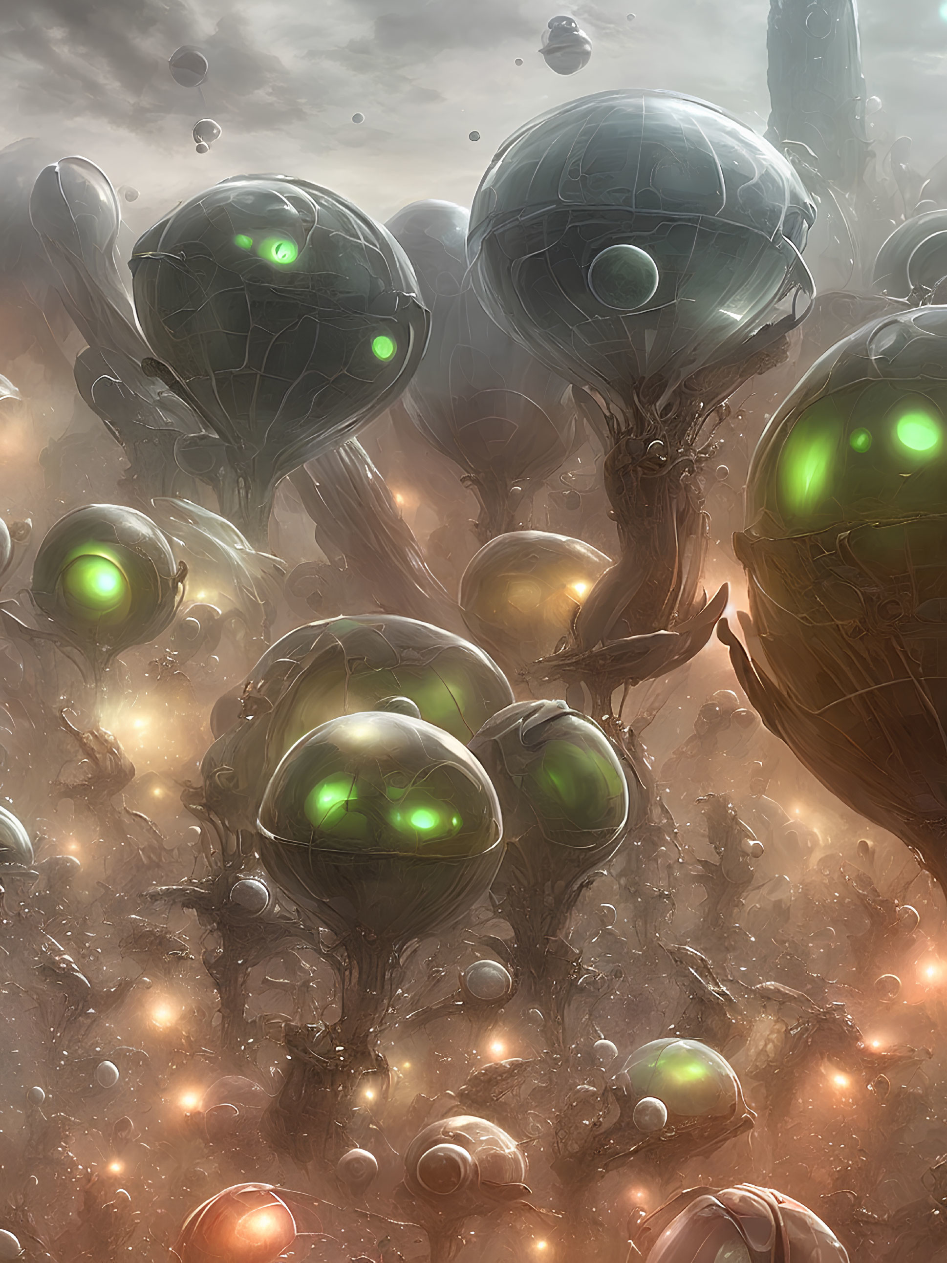 Glowing green core orbs in misty alien landscape