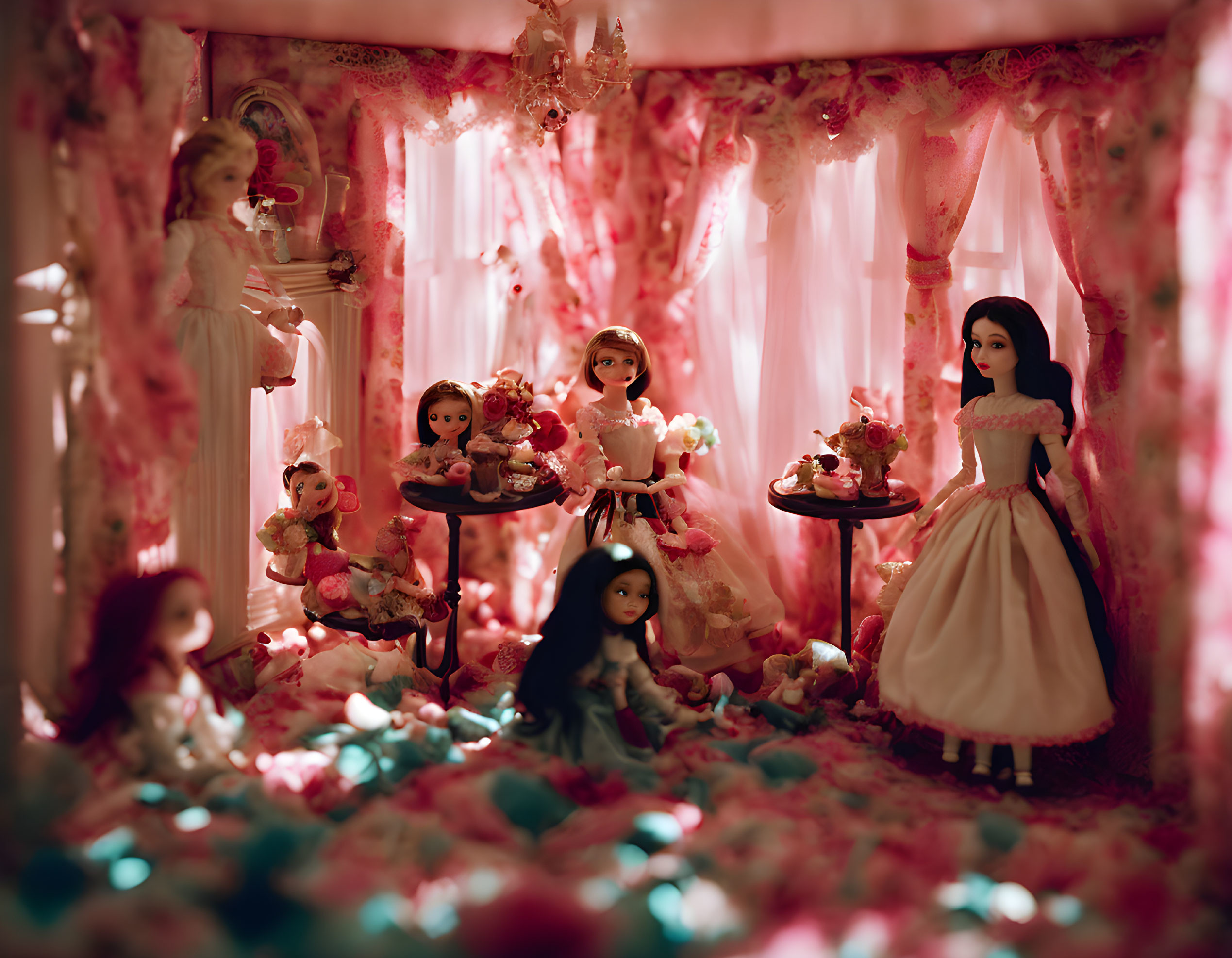 Doll Tea Party Setup with Teacups and Pink Decor