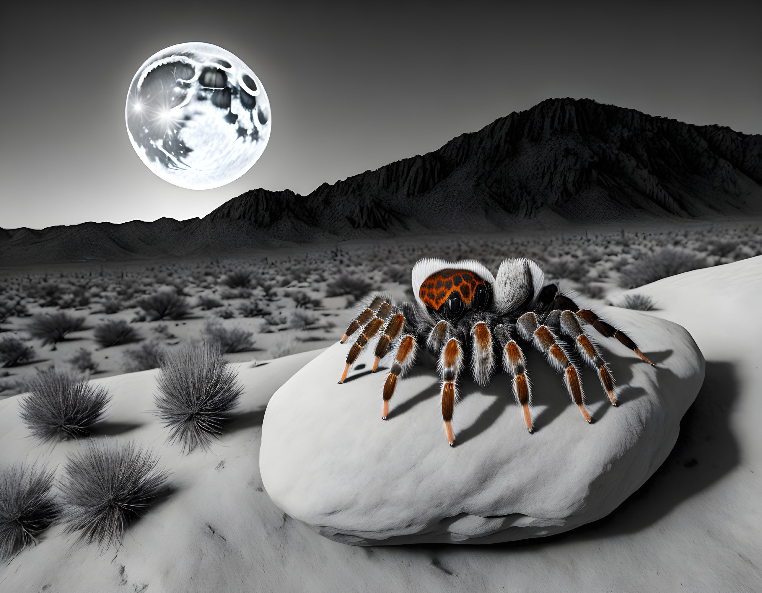 Gigantic spider on desert rock under full moon with surreal elements