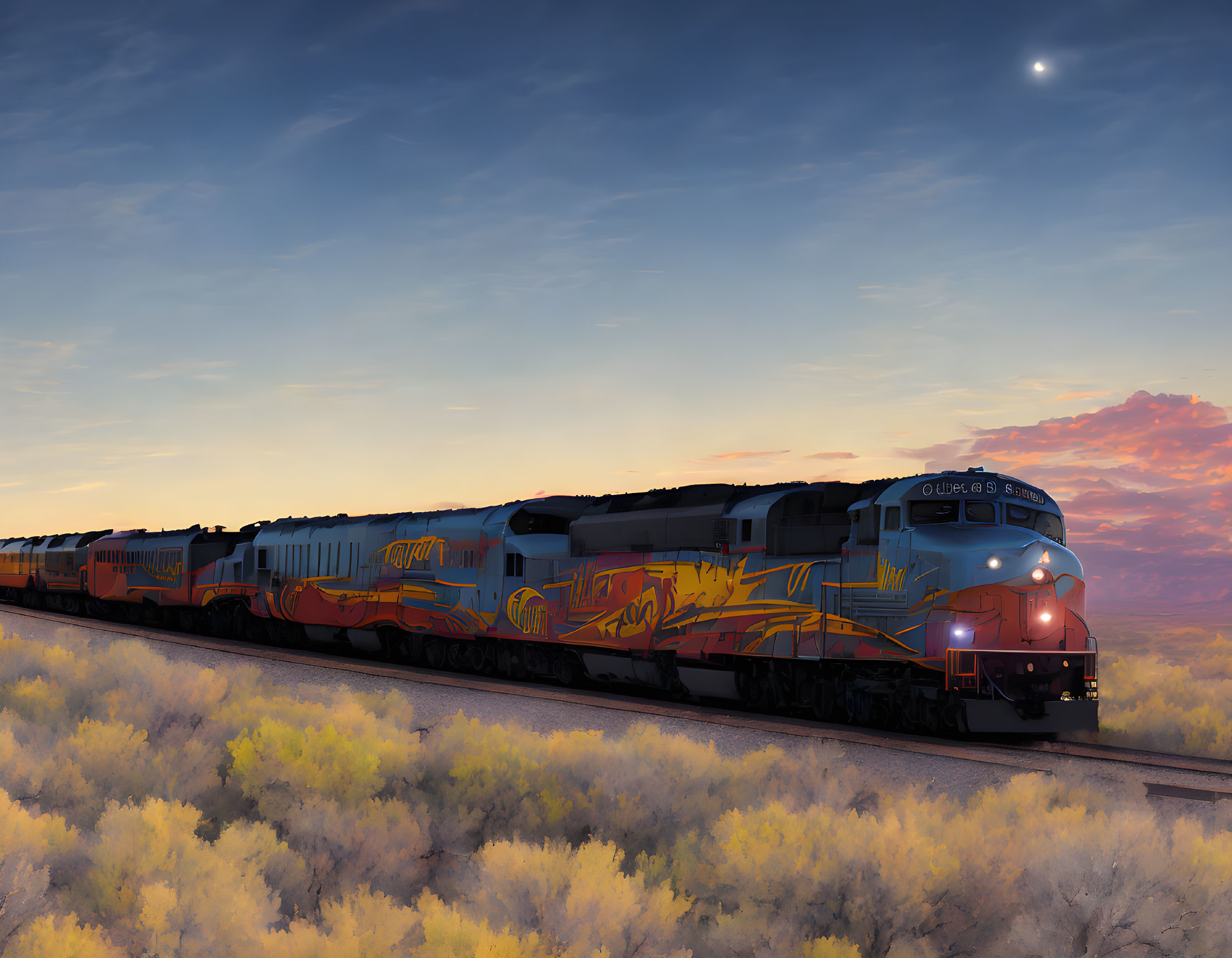 Colorful graffiti art adorns train in desert landscape at dusk