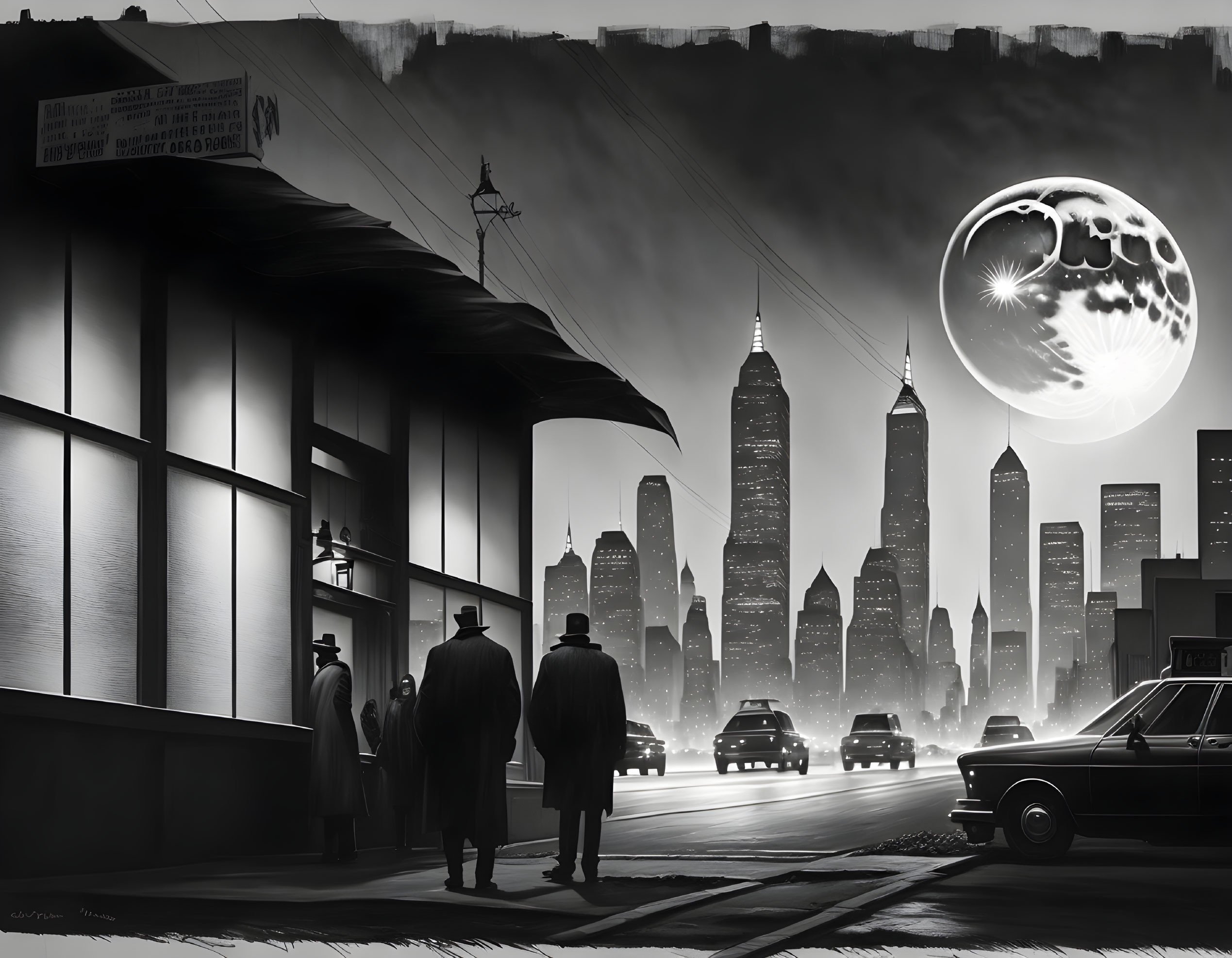 Night cityscape with bus stop, vintage cars, skyscrapers, and moon.