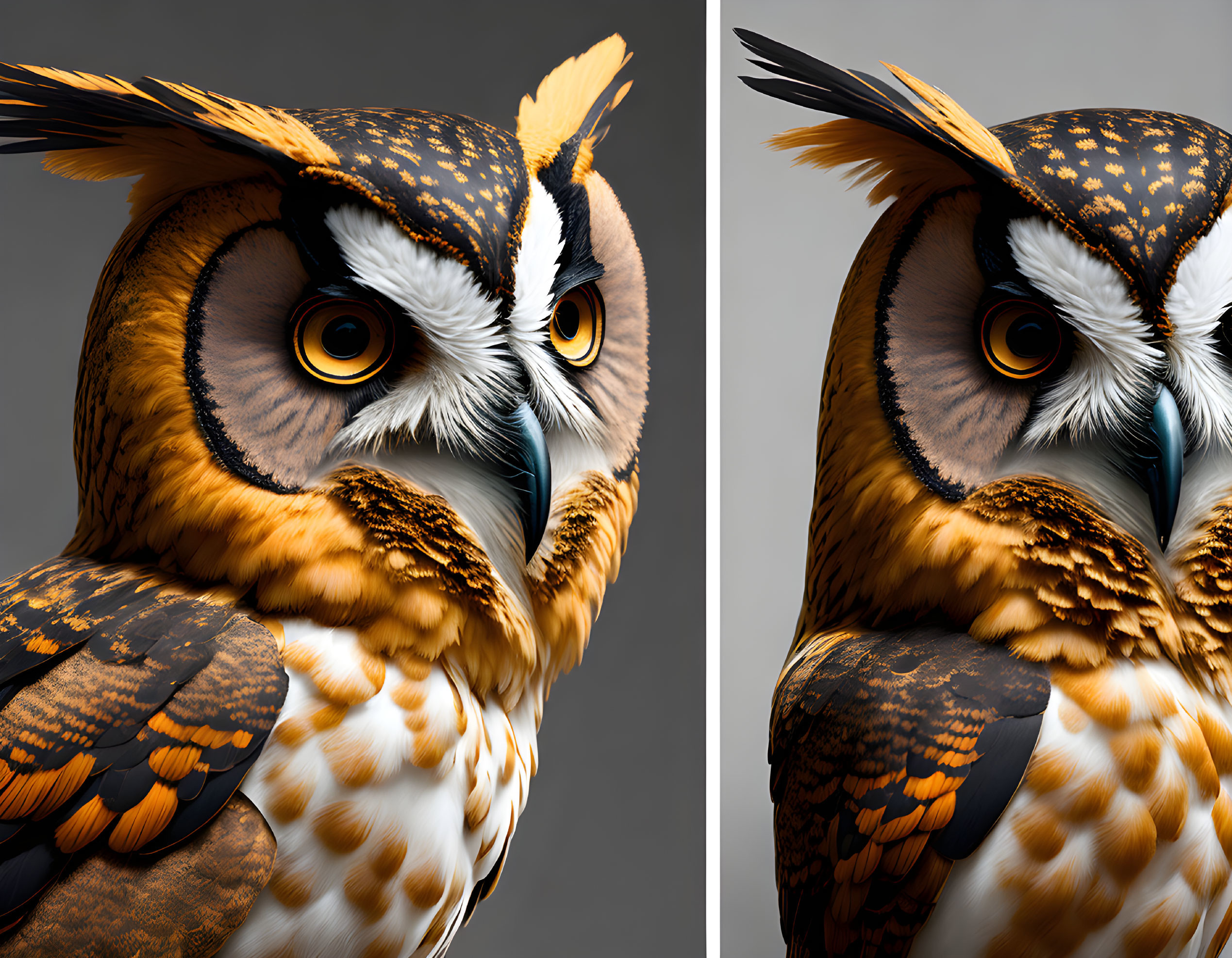 Detailed Close-Up of Digitally Created Great Horned Owl with Intricate Feather Patterns