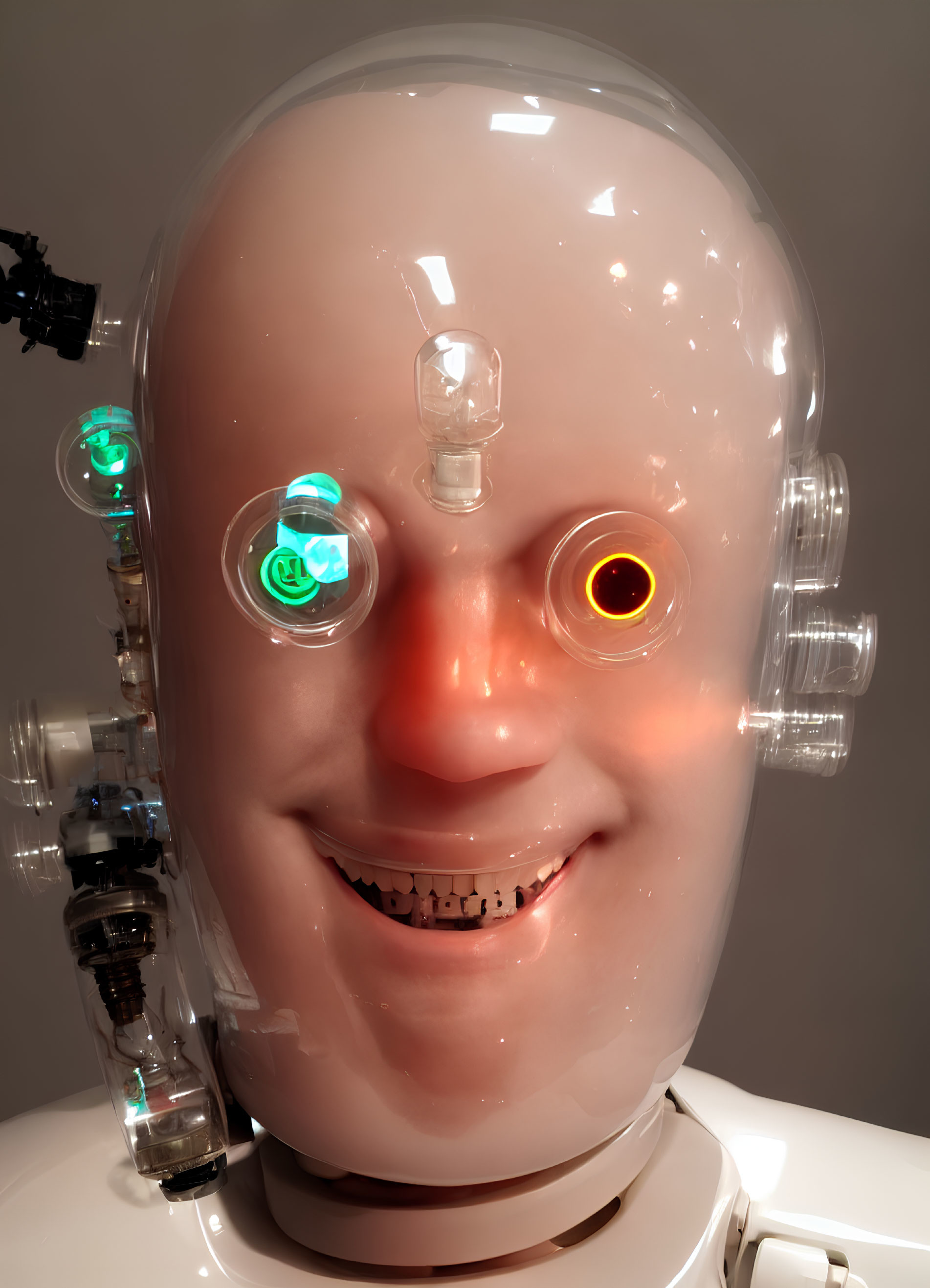 Detailed close-up of humanoid robot with clear head and illuminated eyes.