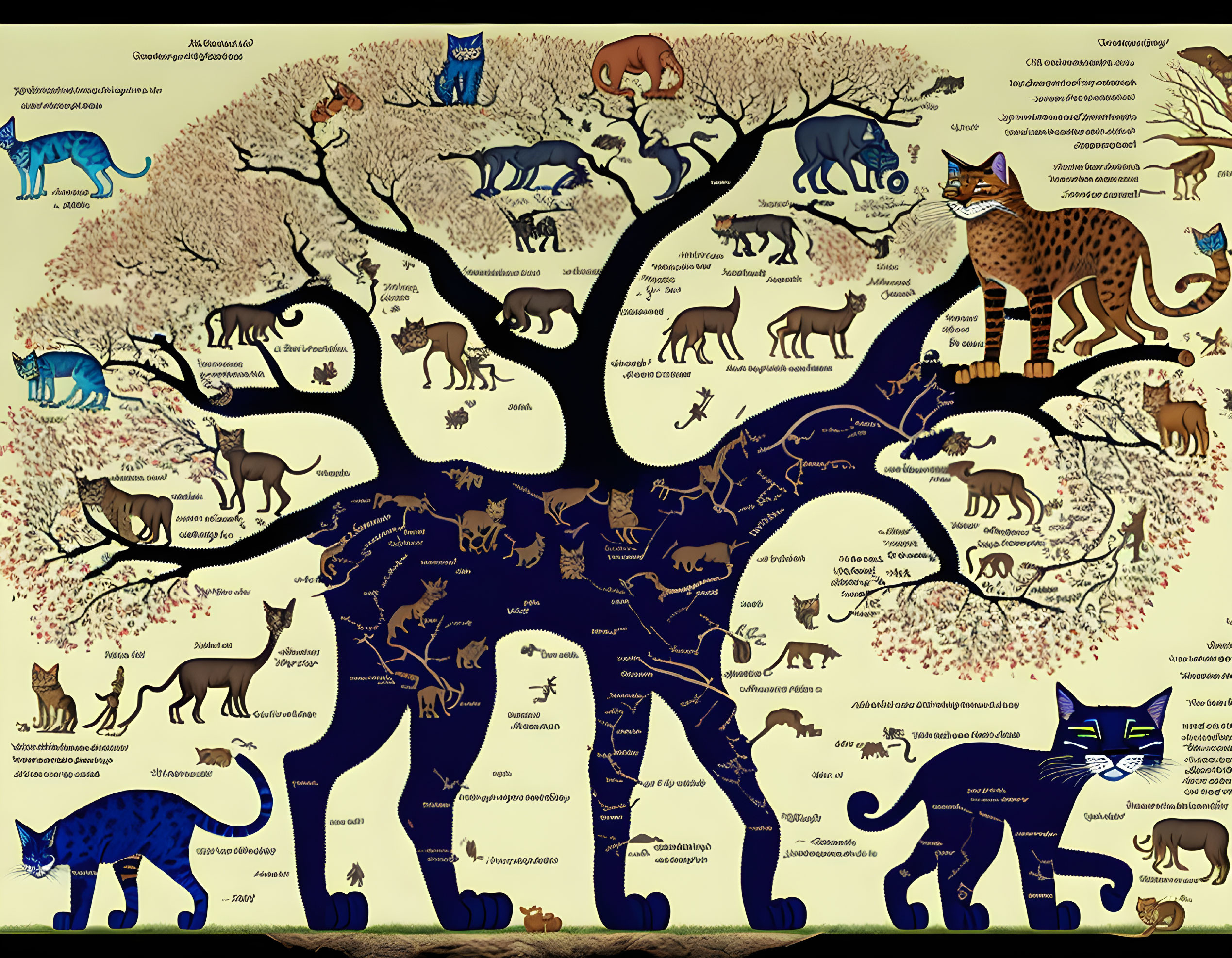 Tree Diagram of Cat Species Lineages with Silhouetted Figures