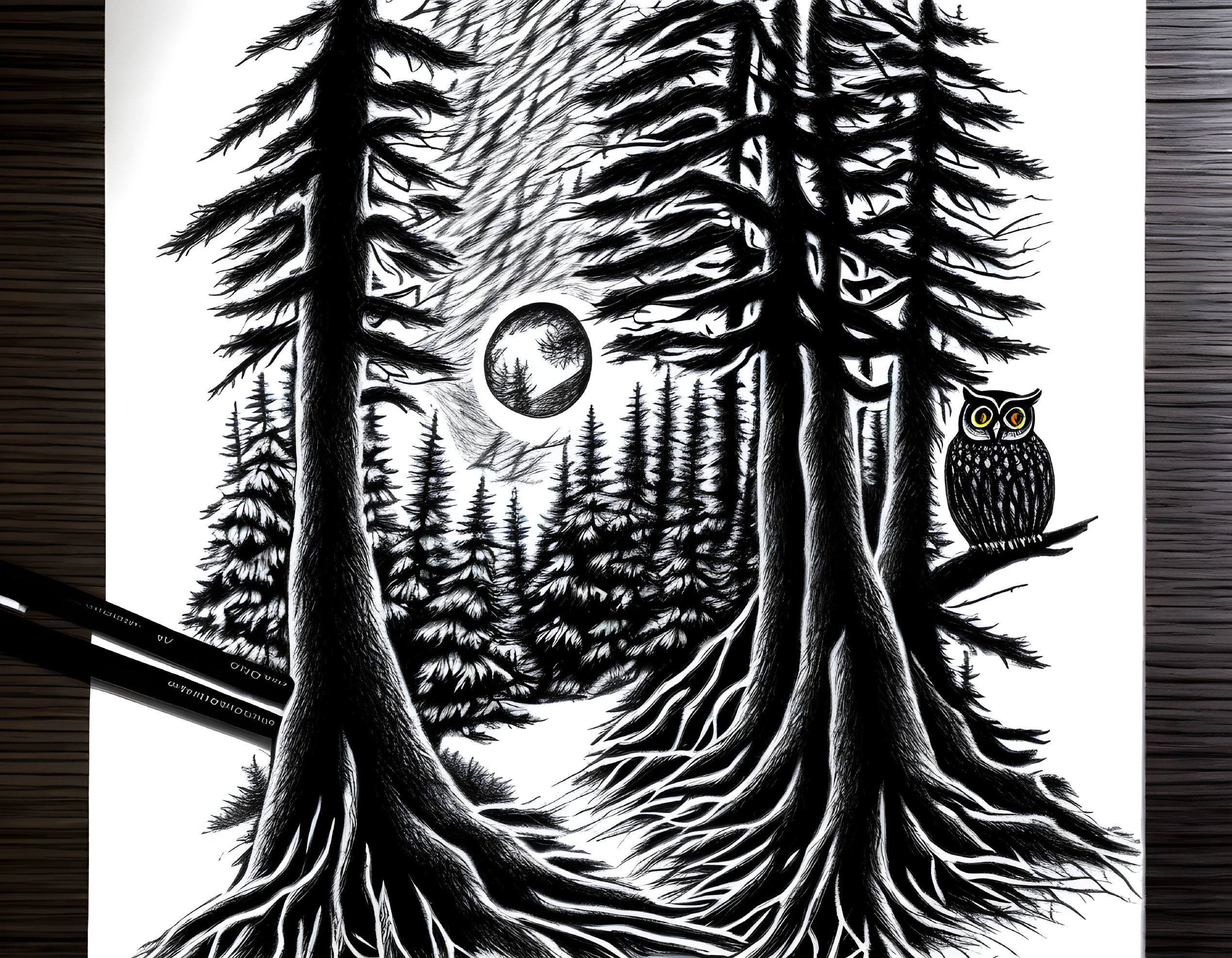 Monochrome forest sketch with pine trees, owl, and full moon on textured paper