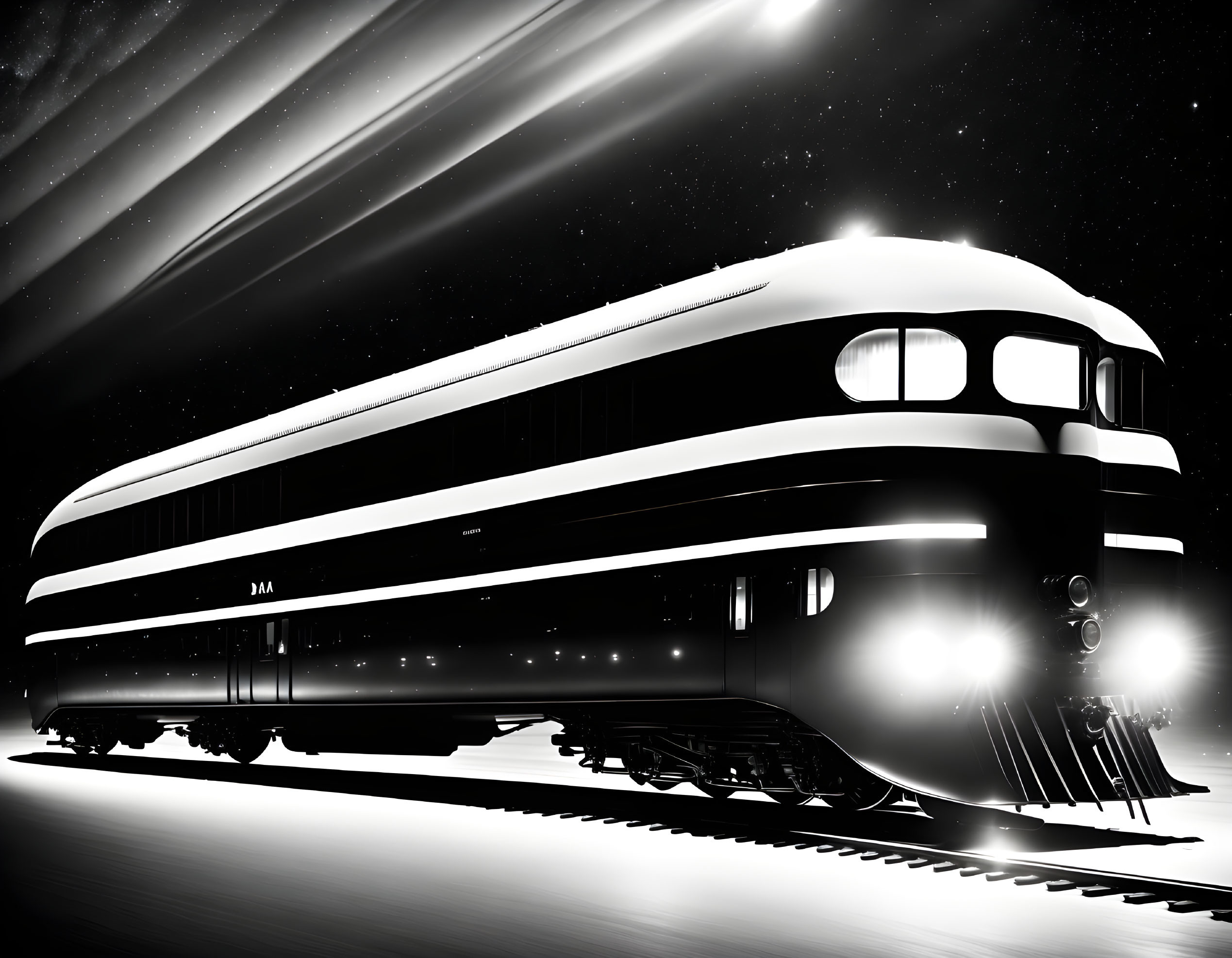 Vintage Black-and-White Image: Streamlined Locomotive Train at Night