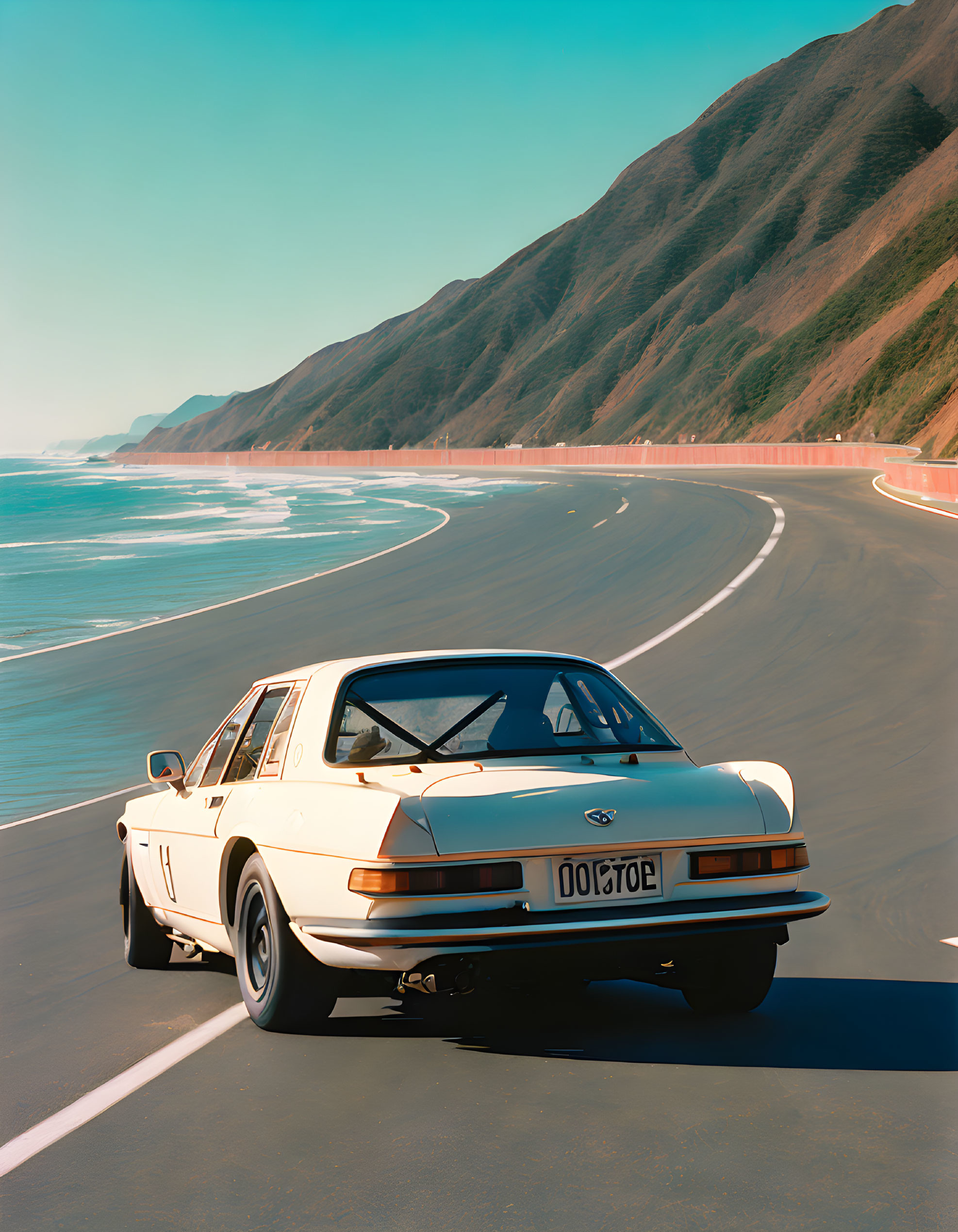 Vintage White Sports Car Parked on Coastal Road with Ocean Waves and Green Mountain Slope Under Clear Blue