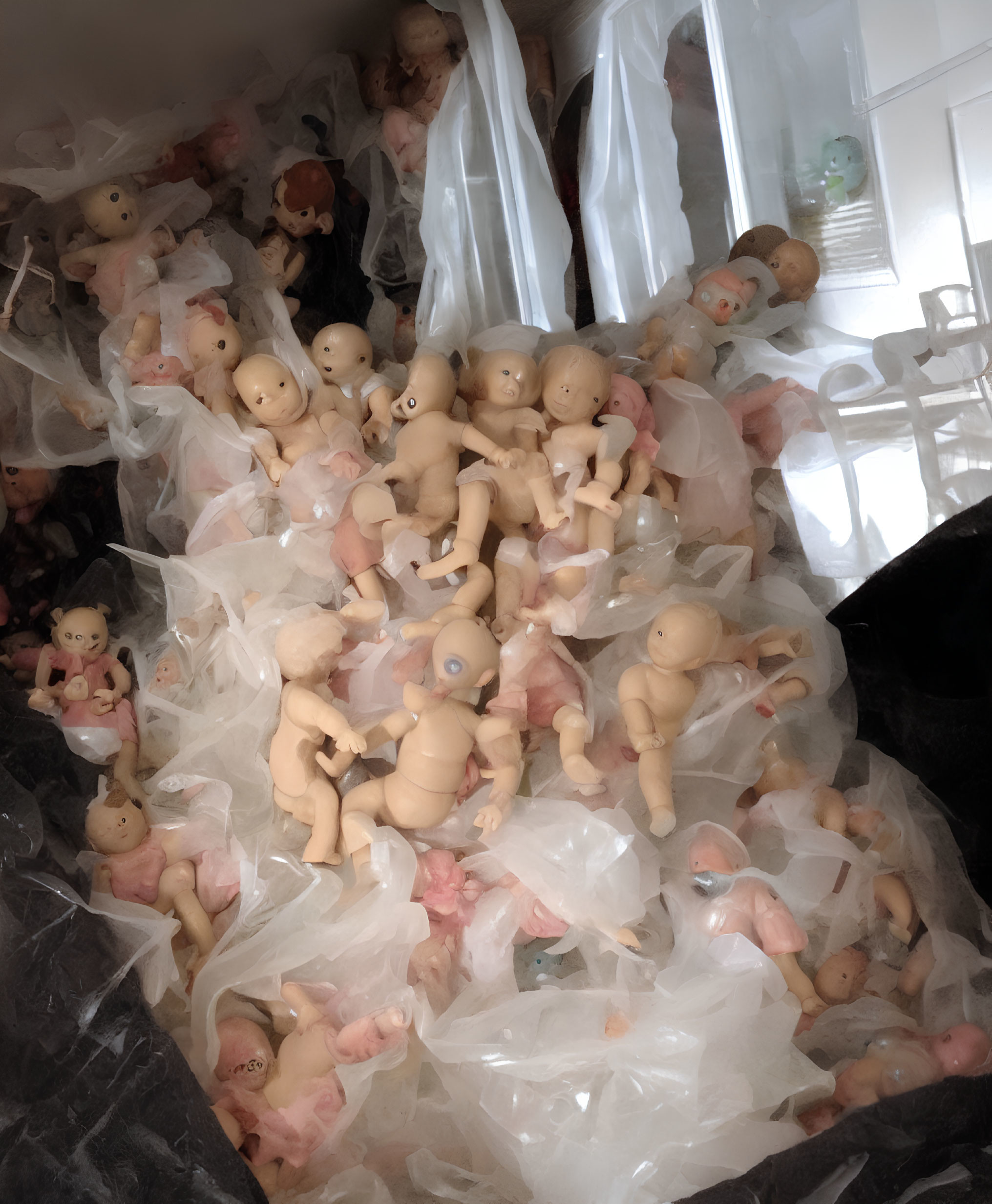 Disassembled doll parts in clear plastic bags