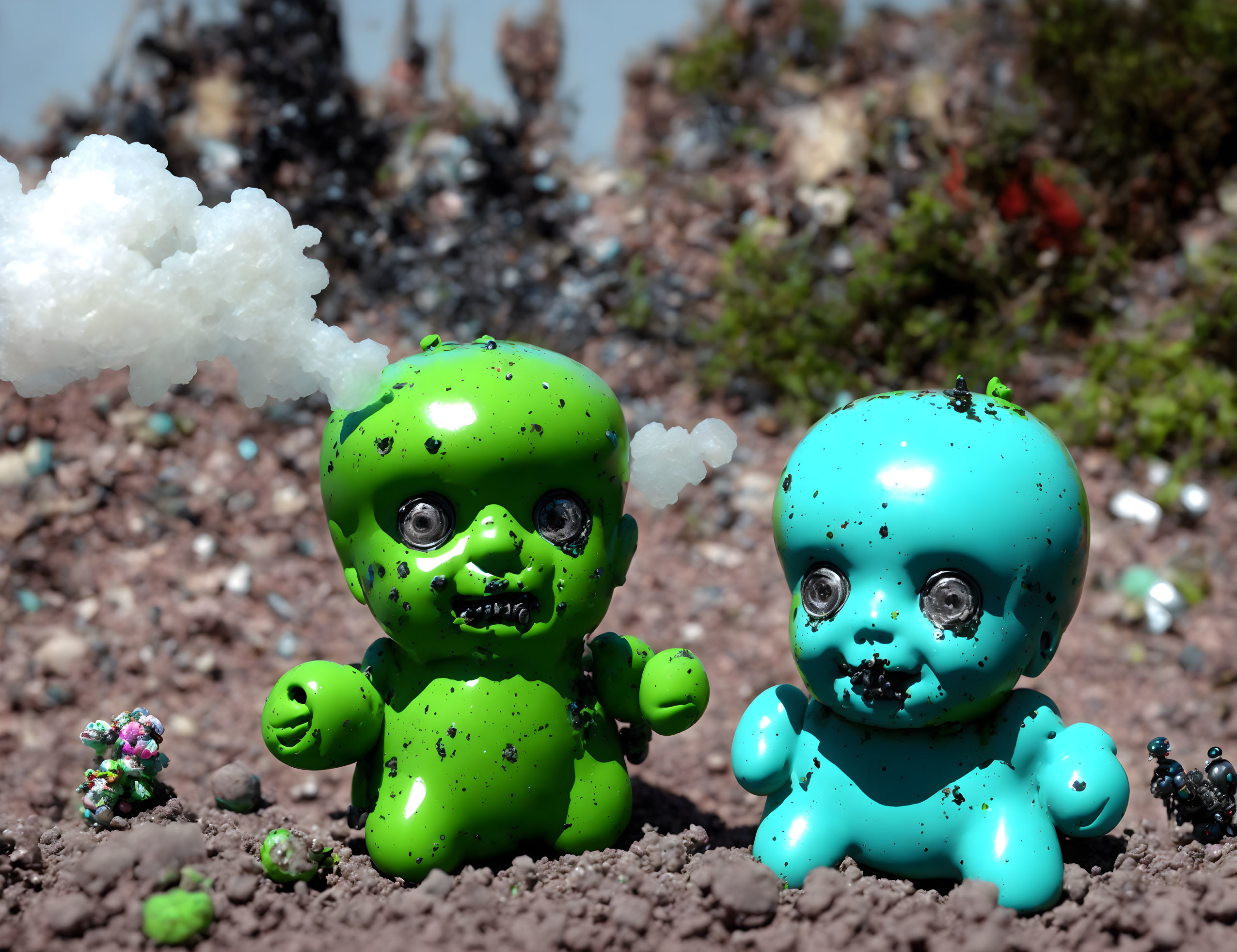 Two Textured Toy Monsters in Green and Blue on Rocky Terrain with Plants and White Puffs