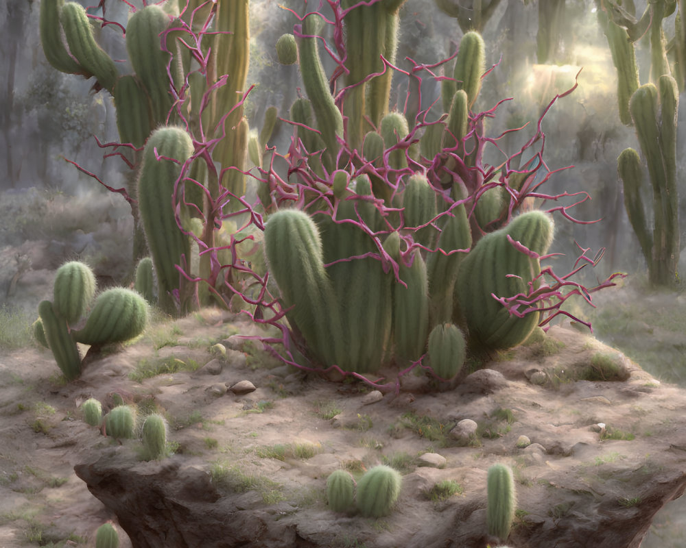 Various cacti on rocky outcrop with hazy background