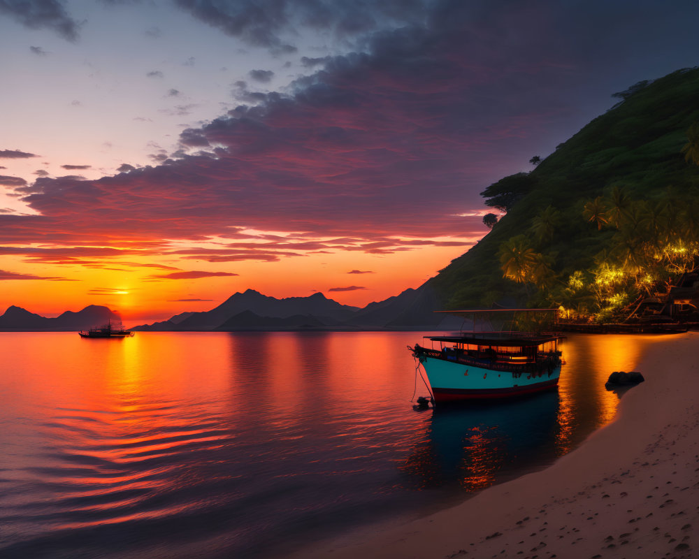 Tranquil beach scene with boat, sunset, mountains, and palm trees