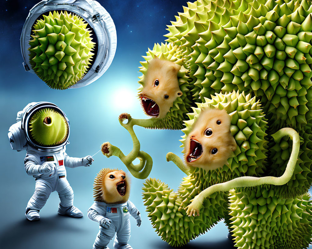 Surreal spacewalk with giant animated durian fruits and lion-like features