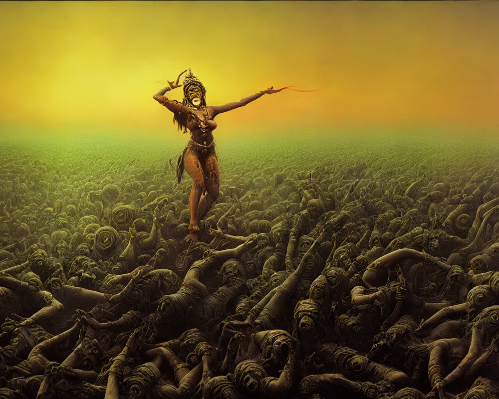 Triumphant warrior on battlefield under yellow sky