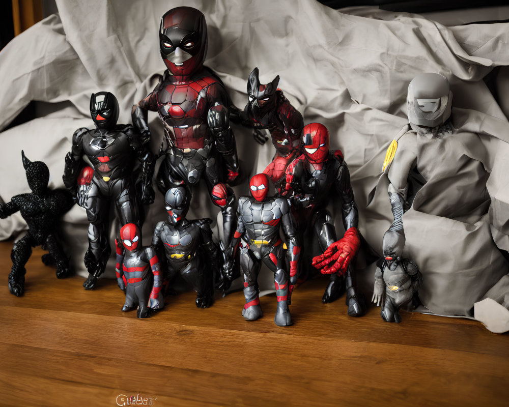 Assorted Deadpool Figures and Toys on Wooden Floor