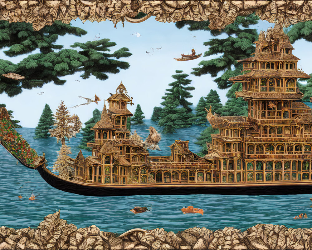 Elaborate tapestry of pagoda-like structures on a boat in serene setting