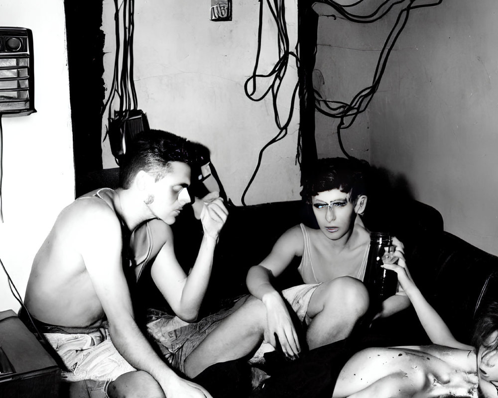 Monochrome photo of three people in messy room with wires and cassette player