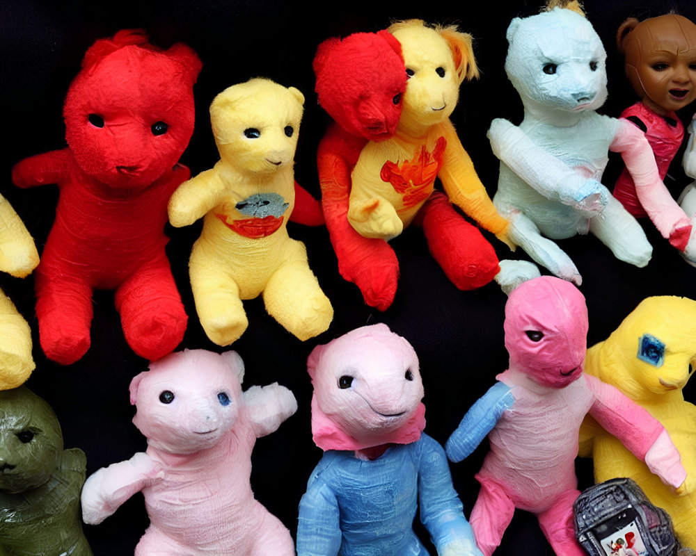 Variety of Colorful Stuffed Animals and Dolls on Black Background