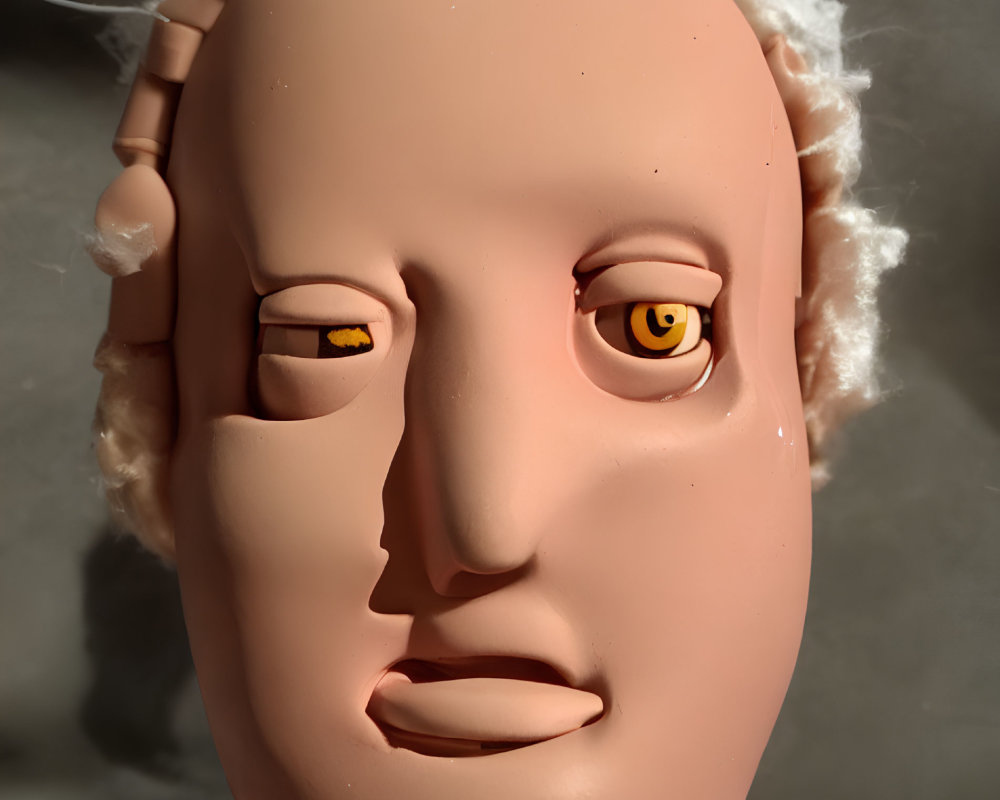 Detailed Close-Up of Doll's Head with Yellow Eyes and Mechanical Components