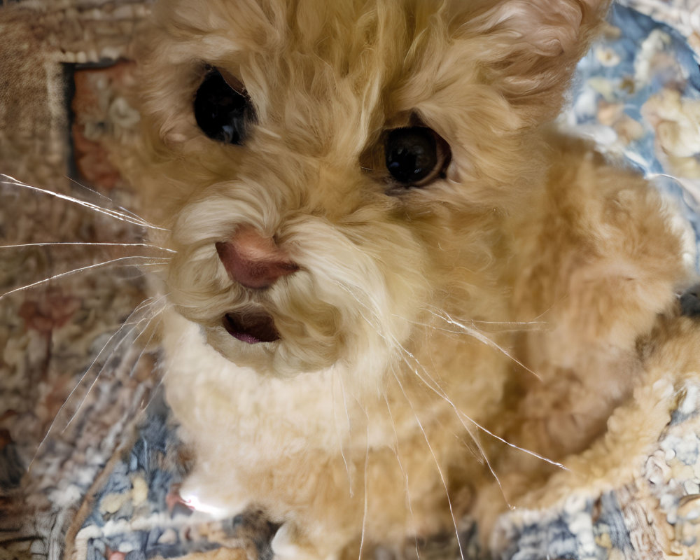 Hybrid creature: cat body, teddy bear head, large eyes, pink tongue, on pattern