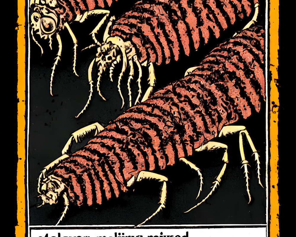 Detailed red centipedes on textured yellow and black background with illegible text.