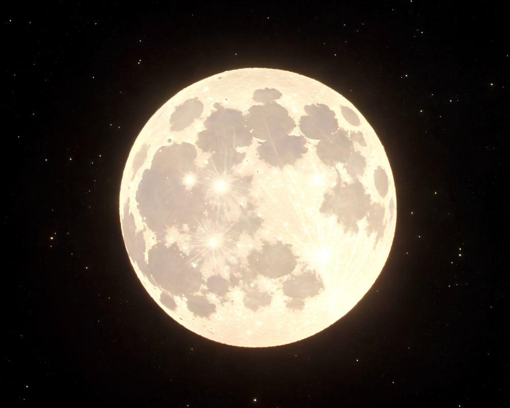 Detailed full moon with craters in starry night sky.