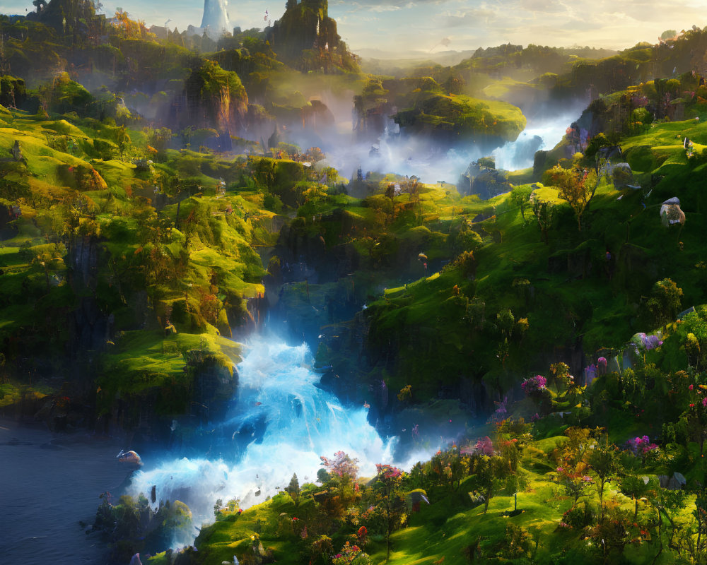 Fantasy landscape with greenery, waterfalls, river, mist, and sun