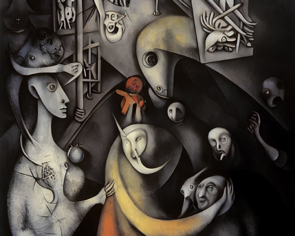 Surreal painting: Distorted figures and faces with multiple eyes on dark, abstract background