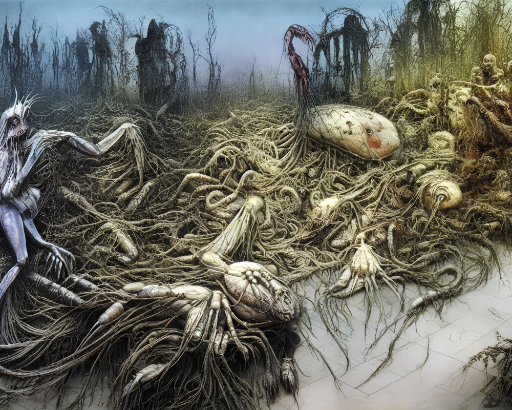 Grotesque surreal landscape with twisted figures and entangled roots