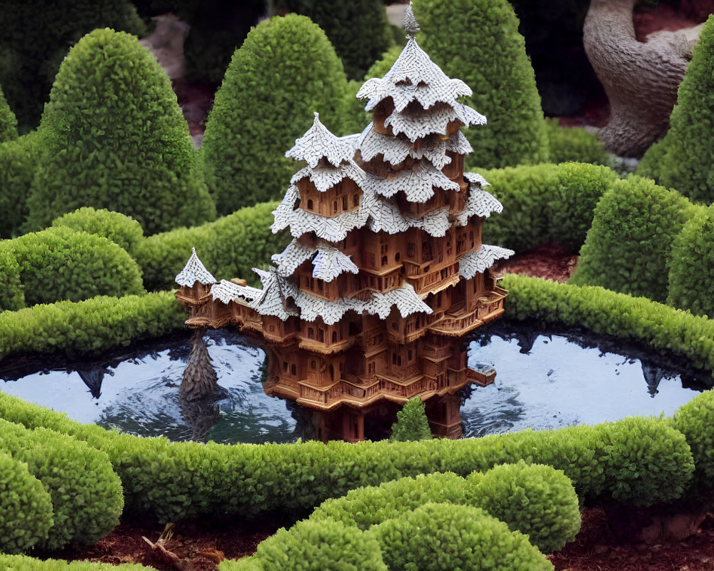 Wooden Pagoda Surrounded by Green Shrubbery and Reflective Pond