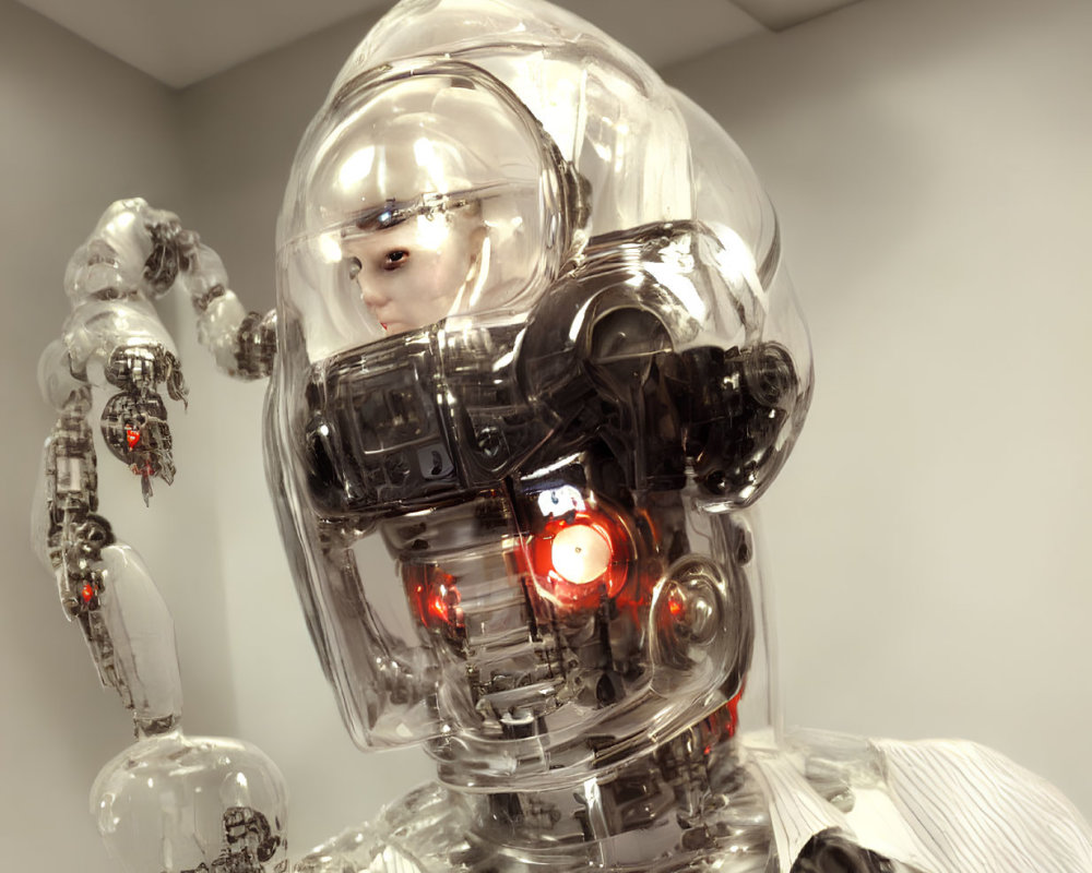 Transparent Human Head Sculpture with Robotic Components and Lights on White Pedestal