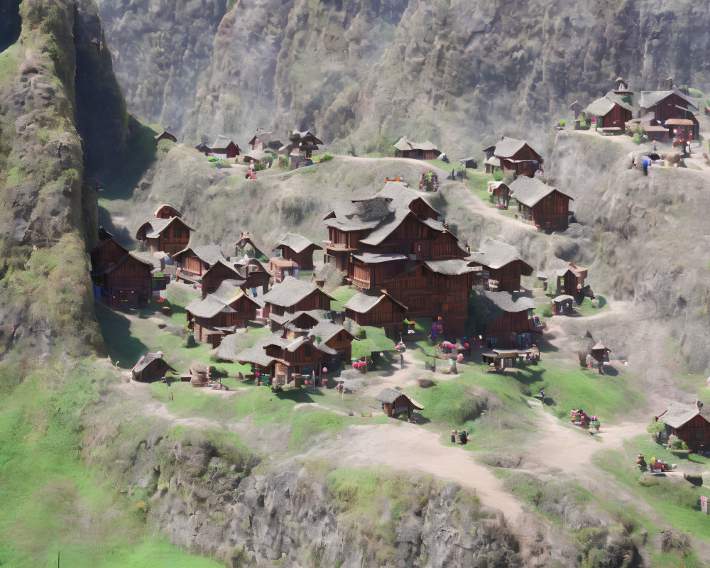 Traditional Mountain Village with Wooden Houses on Green Slopes and Rugged Cliffs