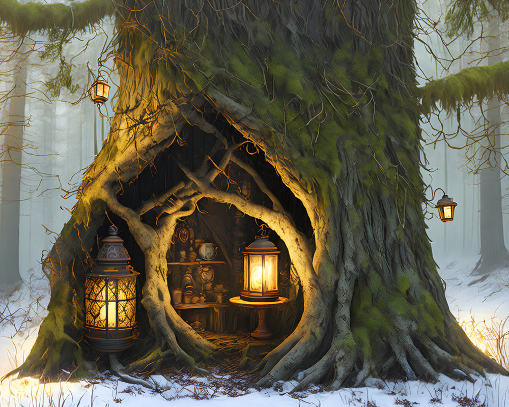 Enchanting tree hollow with cozy lantern-lit interior in mystical forest