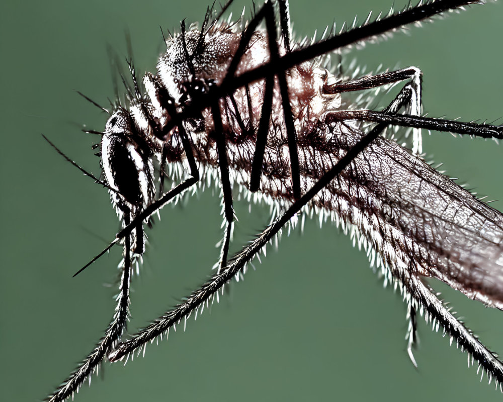 Macro shot of mosquito on green background, highlighting wings and proboscis