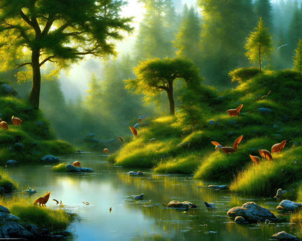 Tranquil forest scene with deer, fox, sunlit trees, mist, and stream