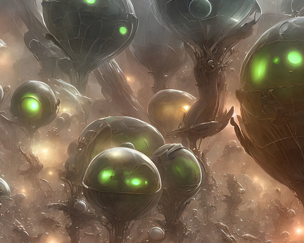 Glowing green core orbs in misty alien landscape