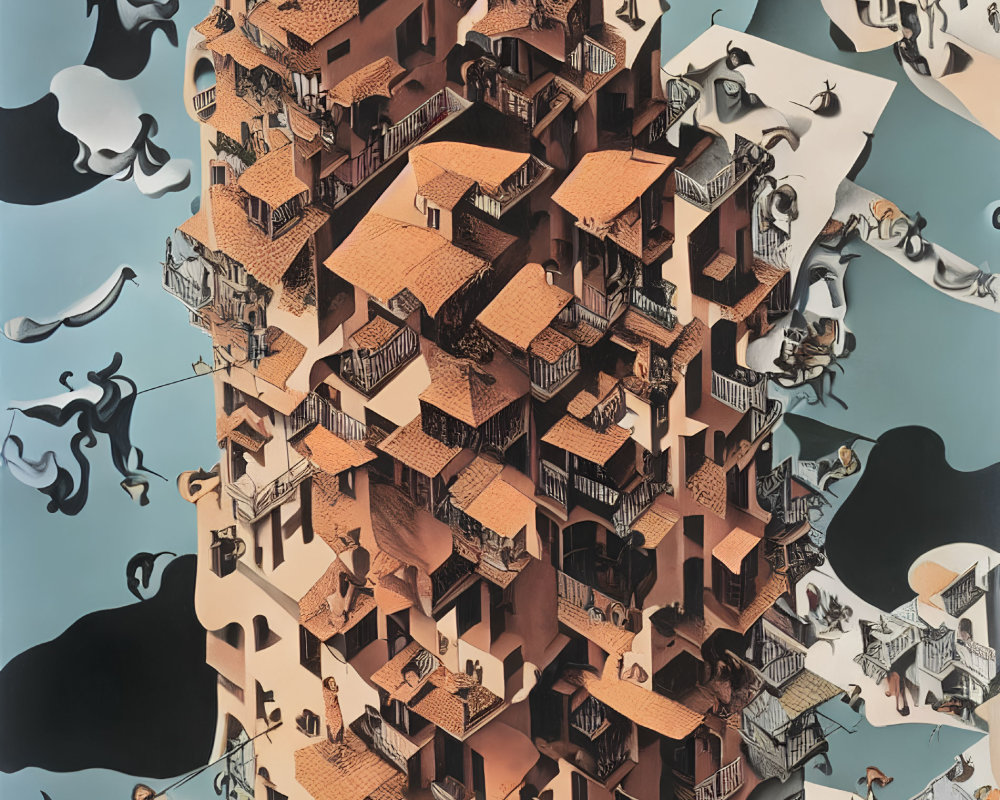 Surreal illustration of gravity-defying buildings with flying fish and birds